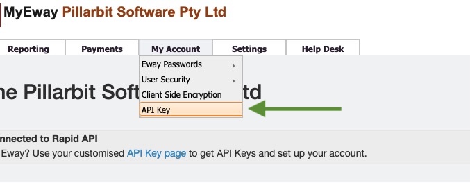 The MyEway menu bar with the My Account tab open and API Key highlighted in the drop-down.