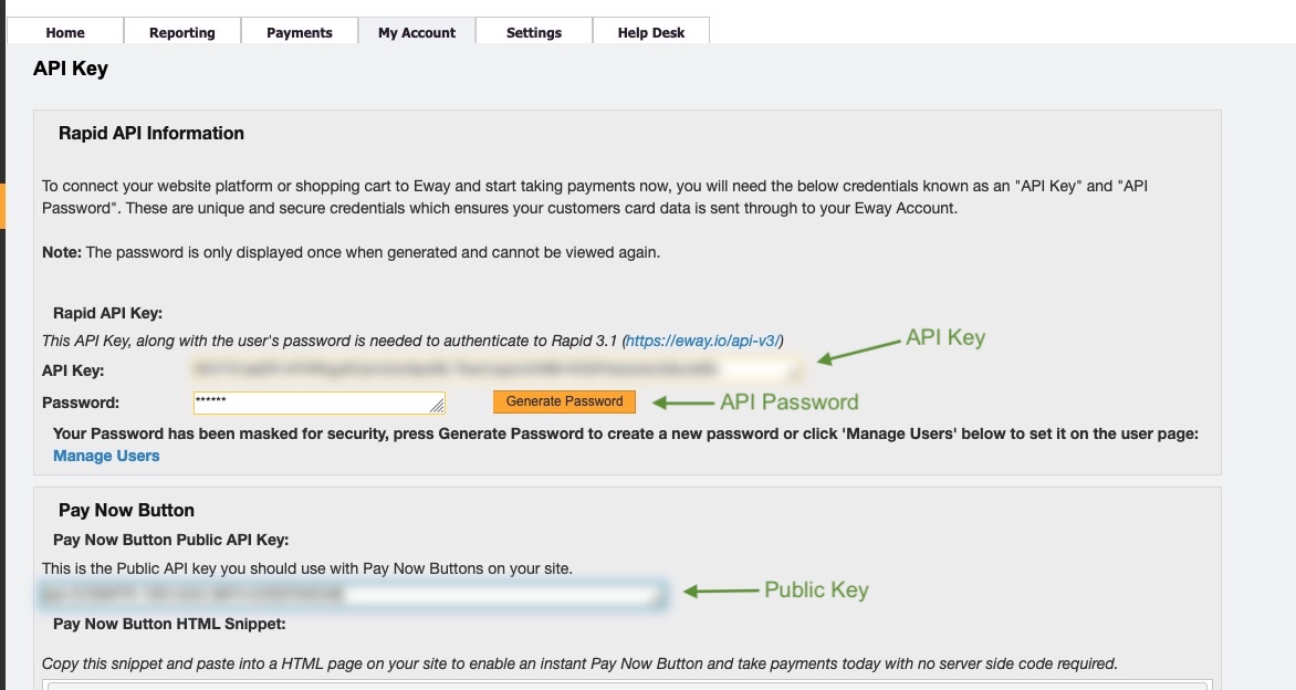 The eWay API Key page, with the API Key, Password and Pay Now Button Public API Key fields labelled.