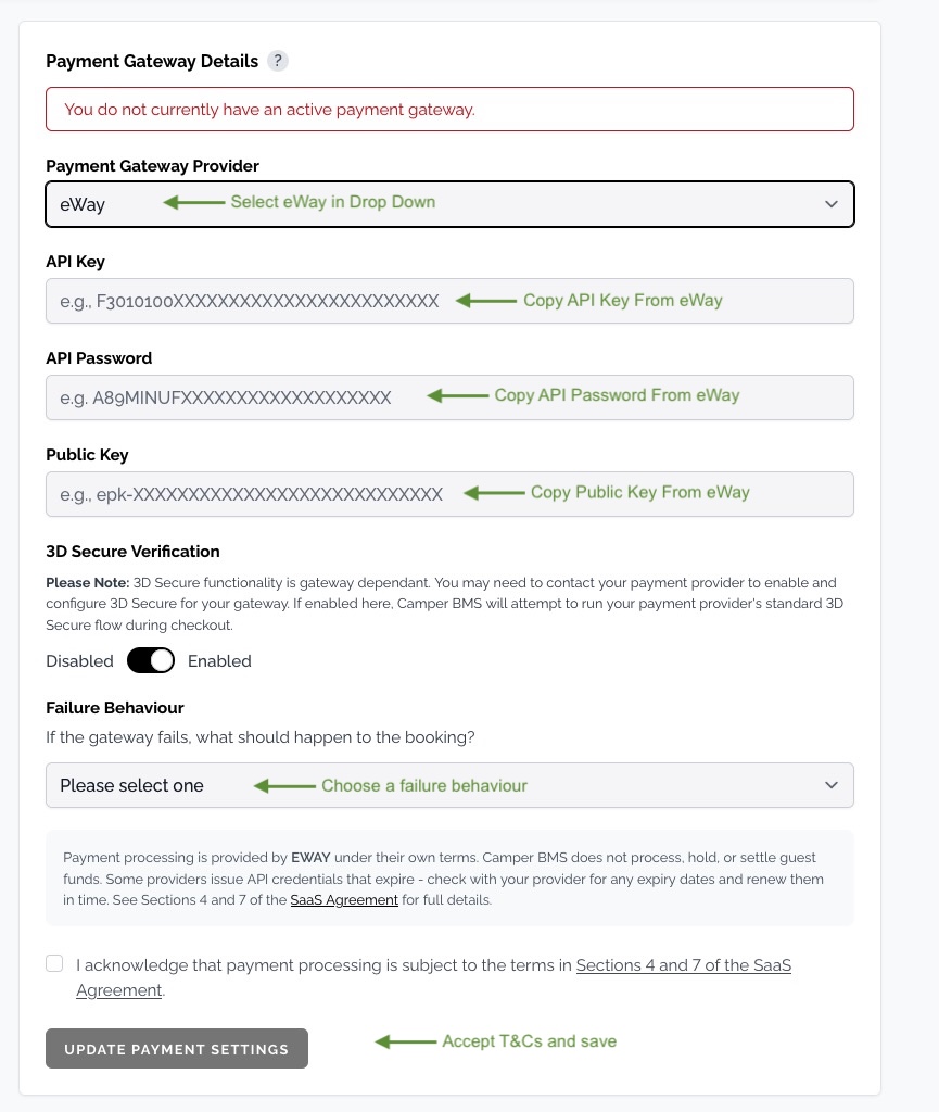 The Camper BMS payment gateway form with eWay selected, showing the API Key, API Password and Public Key fields, the Failure Behaviour drop-down, and the terms acknowledgement above the Update Payment Settings button.