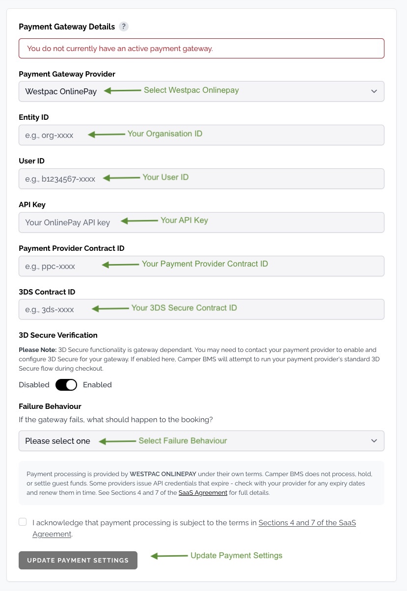 The Camper BMS payment gateway form with Westpac OnlinePay selected, showing the Entity ID, User ID, API Key, Payment Provider Contract ID and 3DS Contract ID fields, the Failure Behaviour drop-down, and the terms acknowledgement above the Update Payment Settings button.