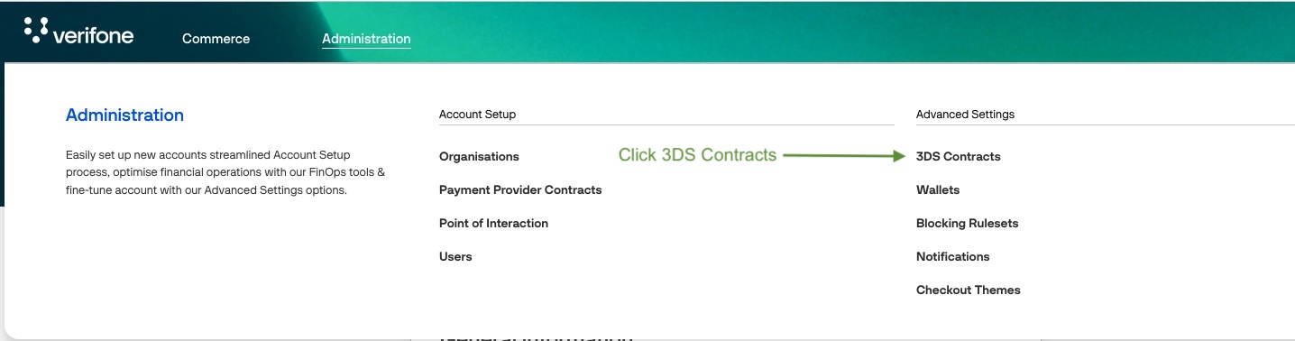 The portal Administration menu with 3DS Contracts highlighted under Advanced Settings.