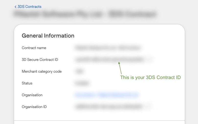 A 3DS contract page, with the 3D Secure Contract ID row identified.