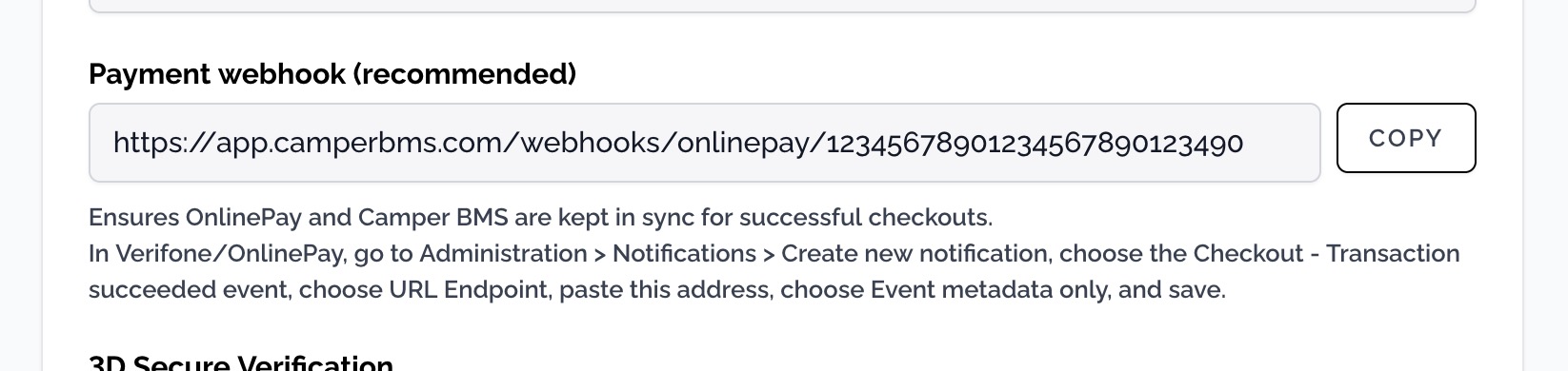 The Camper BMS payment gateway form with the Payment webhook (recommended) field, showing the webhook address and the Copy button.