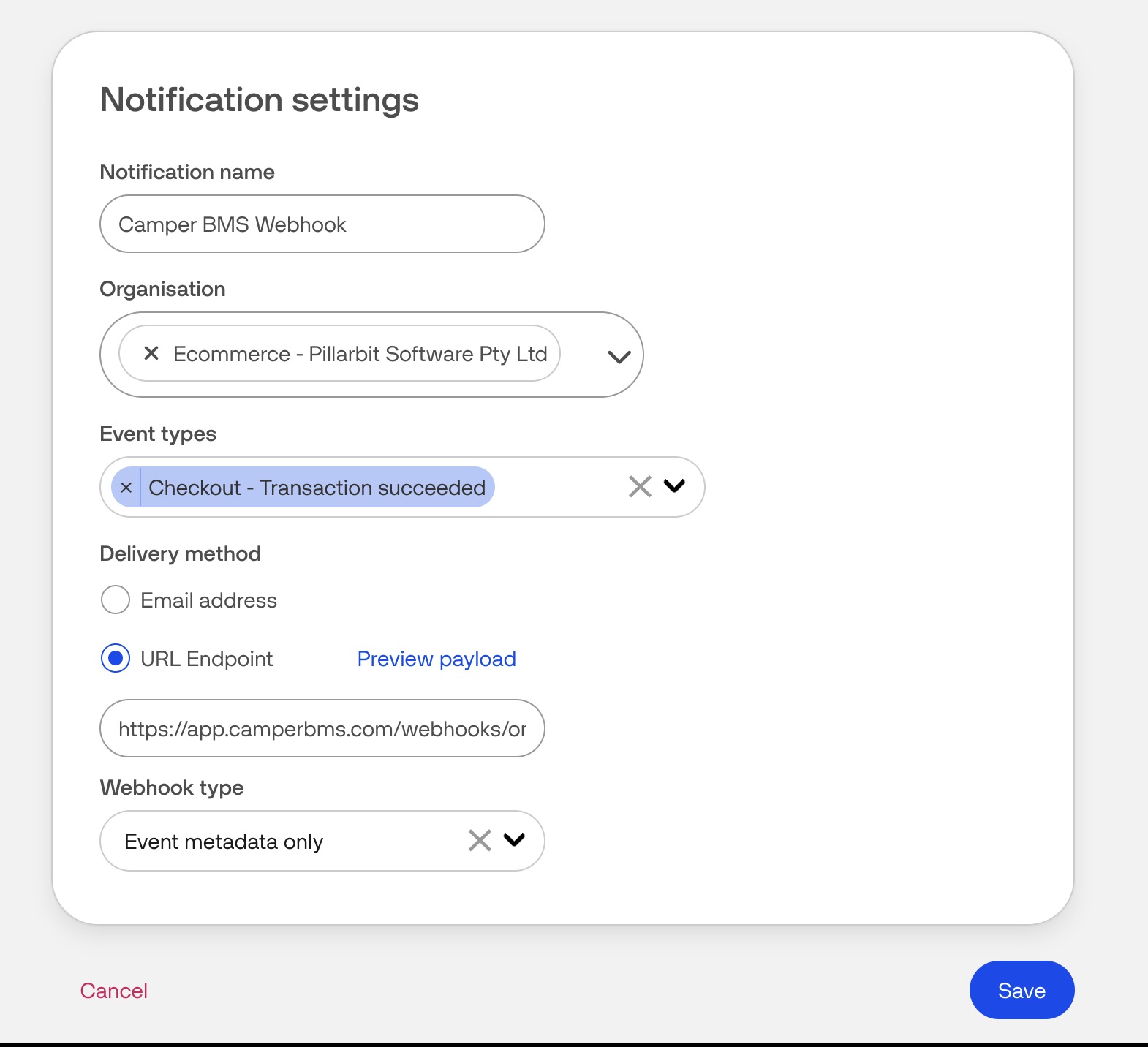 The OnlinePay Notification settings form with a notification name, the organisation selected, the Checkout - Transaction succeeded event type, URL Endpoint chosen with the webhook address, and Event metadata only as the webhook type.
