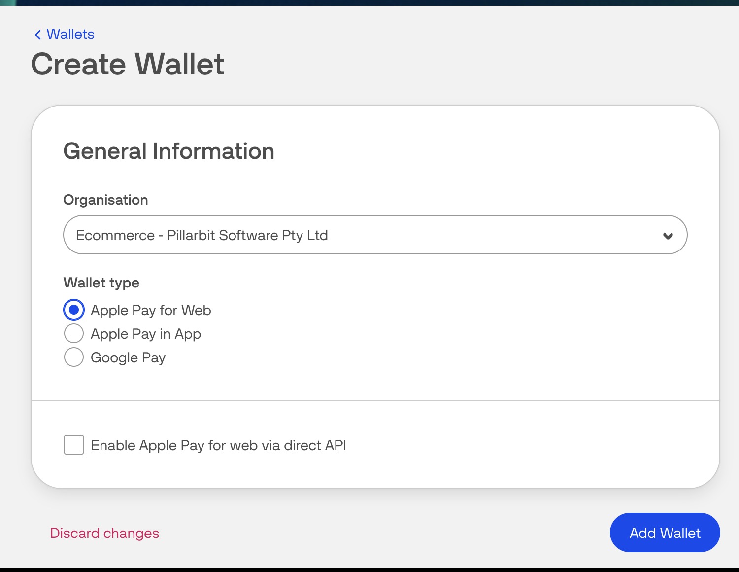 The OnlinePay Create Wallet form with an organisation selected, Apple Pay for Web chosen as the wallet type, Enable Apple Pay for web via direct API unticked, and the Add Wallet button.