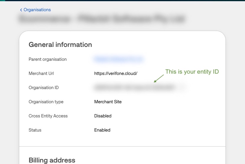 An organisation page in the portal, with the Organisation ID row identified as the Entity ID.
