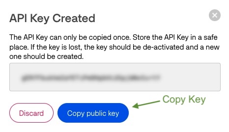 The API Key Created dialog showing the new key and the Copy public key button.