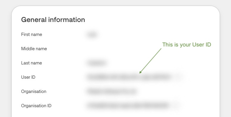 The portal My Account page, with the User ID row under General information identified.