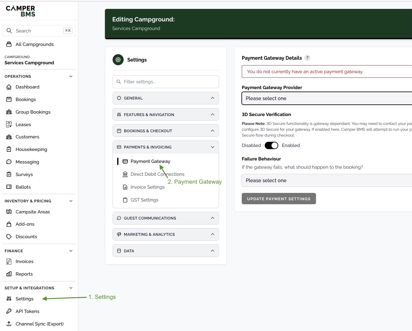 The Camper BMS campground settings screen, with Settings in the sidebar and Payment Gateway under Payments and Invoicing highlighted.