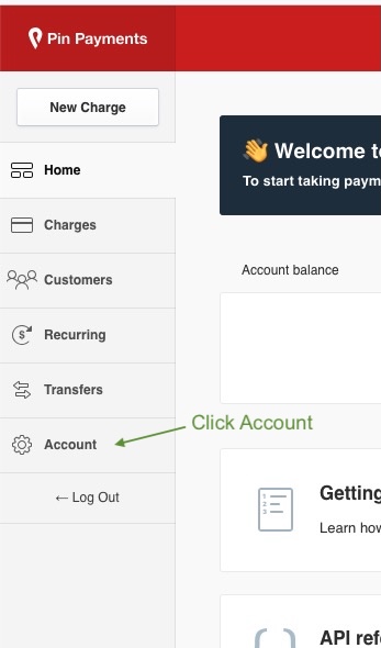 The Pin Payments dashboard sidebar with Account highlighted at the bottom of the menu.