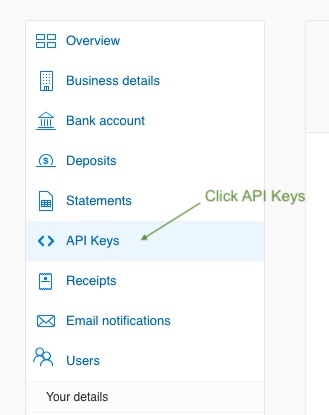 The Pin Payments account menu with API Keys highlighted.