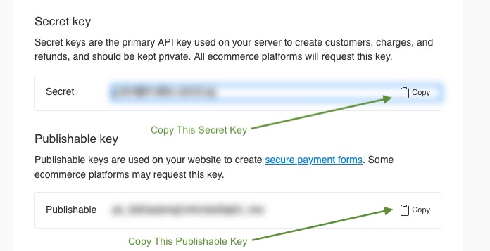 The Pin Payments API Keys page showing the Secret key and Publishable key sections, each with a Copy button.