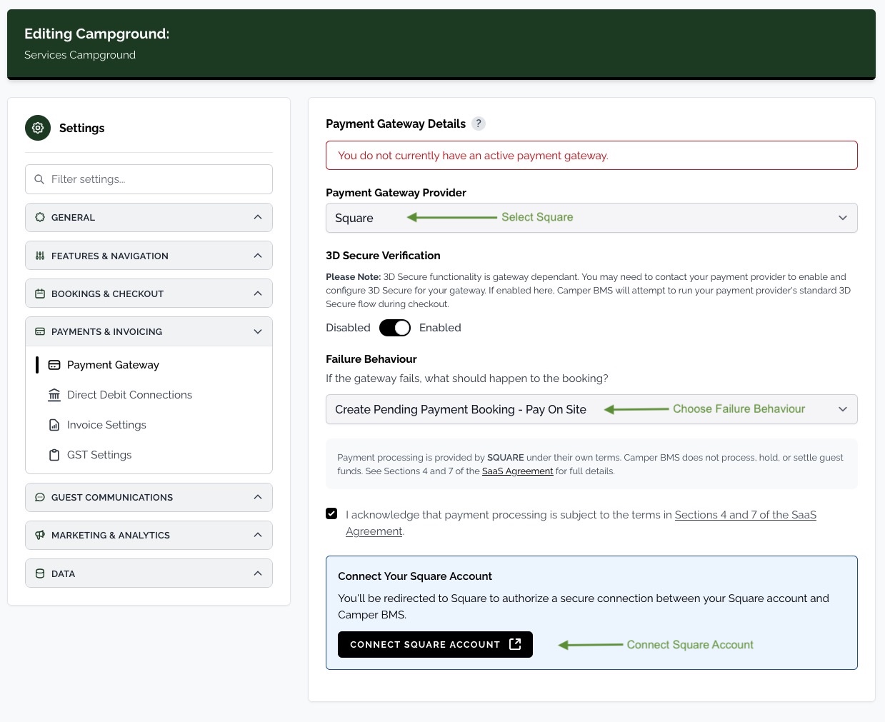 The Camper BMS payment gateway form with Square selected, a failure behaviour chosen, the terms acknowledgement ticked, and the Connect Square Account button.