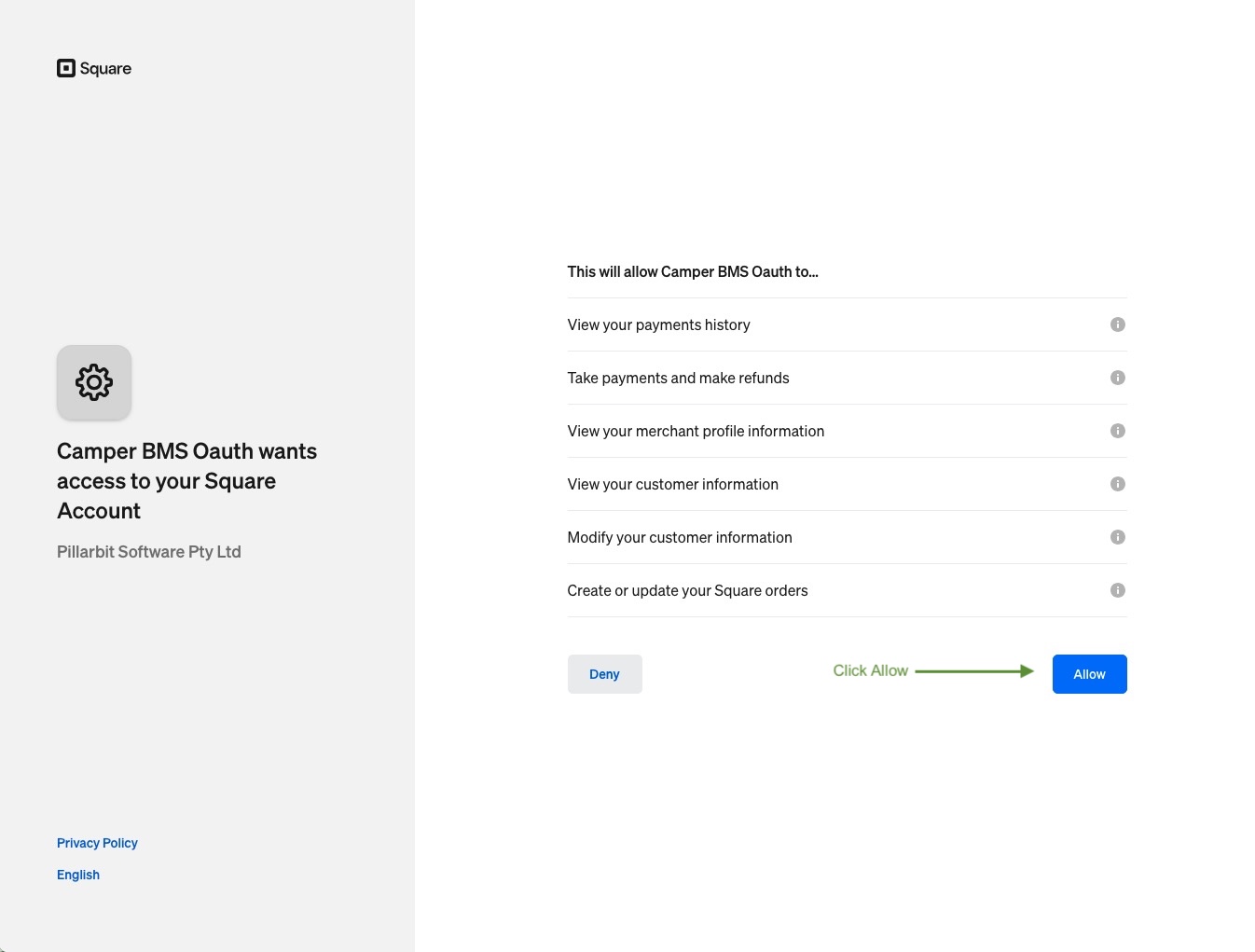 The Square authorization page listing the access Camper BMS is requesting, with the Allow button highlighted.