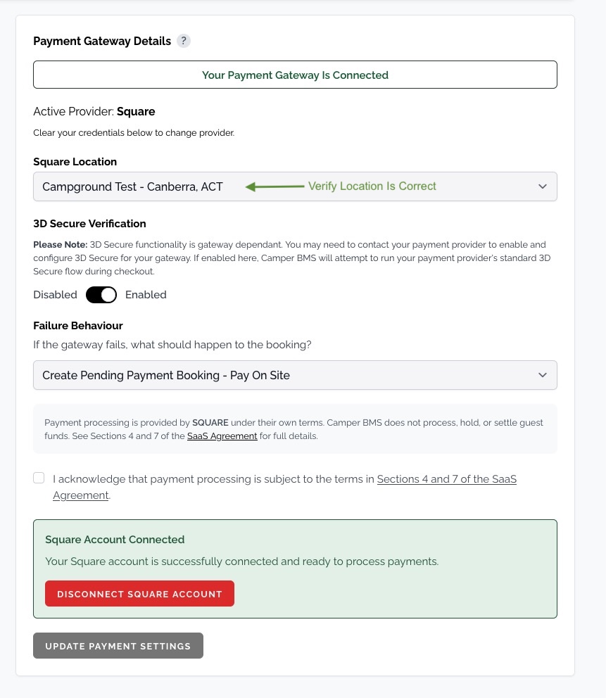 The Camper BMS payment gateway page showing Square connected, with the Square Location drop-down to verify and the Update Payment Settings button.