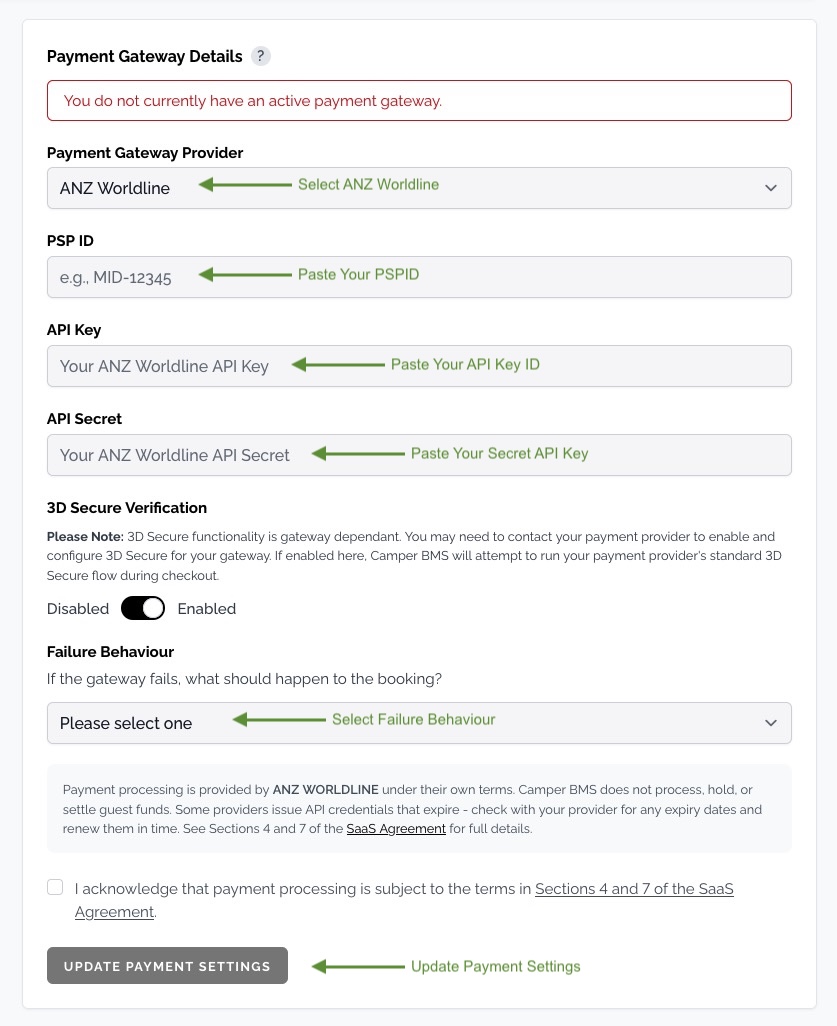 The Camper BMS payment gateway form with ANZ Worldline selected, showing the PSP ID, API Key and API Secret fields, the Failure Behaviour drop-down, and the terms acknowledgement above the Update Payment Settings button.