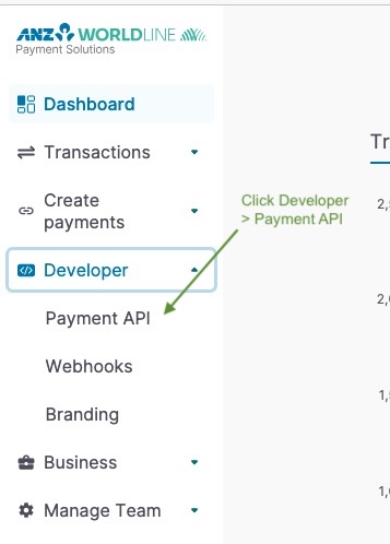 The ANZ Worldline portal sidebar with Developer expanded and Payment API highlighted.